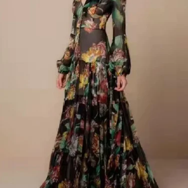 Vestidos Ladies Elegant Floral Print Lantern Long Sleeve Casual Chiffon Dress V-Neck Large Swing Dress New Spring Autumn Dresses 1