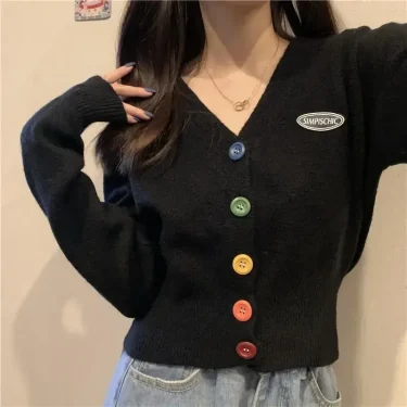 Cardigan for Women Long Sleeve Knitted Sweaters Sweater Cropped Crochet Kawaii V Neck Cardigans Woman Black Tops Cute 2024 Trend 1