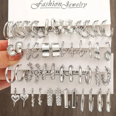 6pcs/set Silver Color Geometric Pearl Twist Hoop Earrings For Women Vintage Metal Heart Circle Earrings Wedding Fashion Jewelry 1