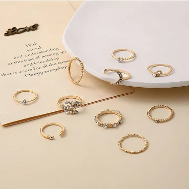 10Pcs Rings Suit For Women Gold-color Chain Ring Set Bohemian Style Coin Snake Moon Star Party Leaves Love Trend Gift Jewelry 6