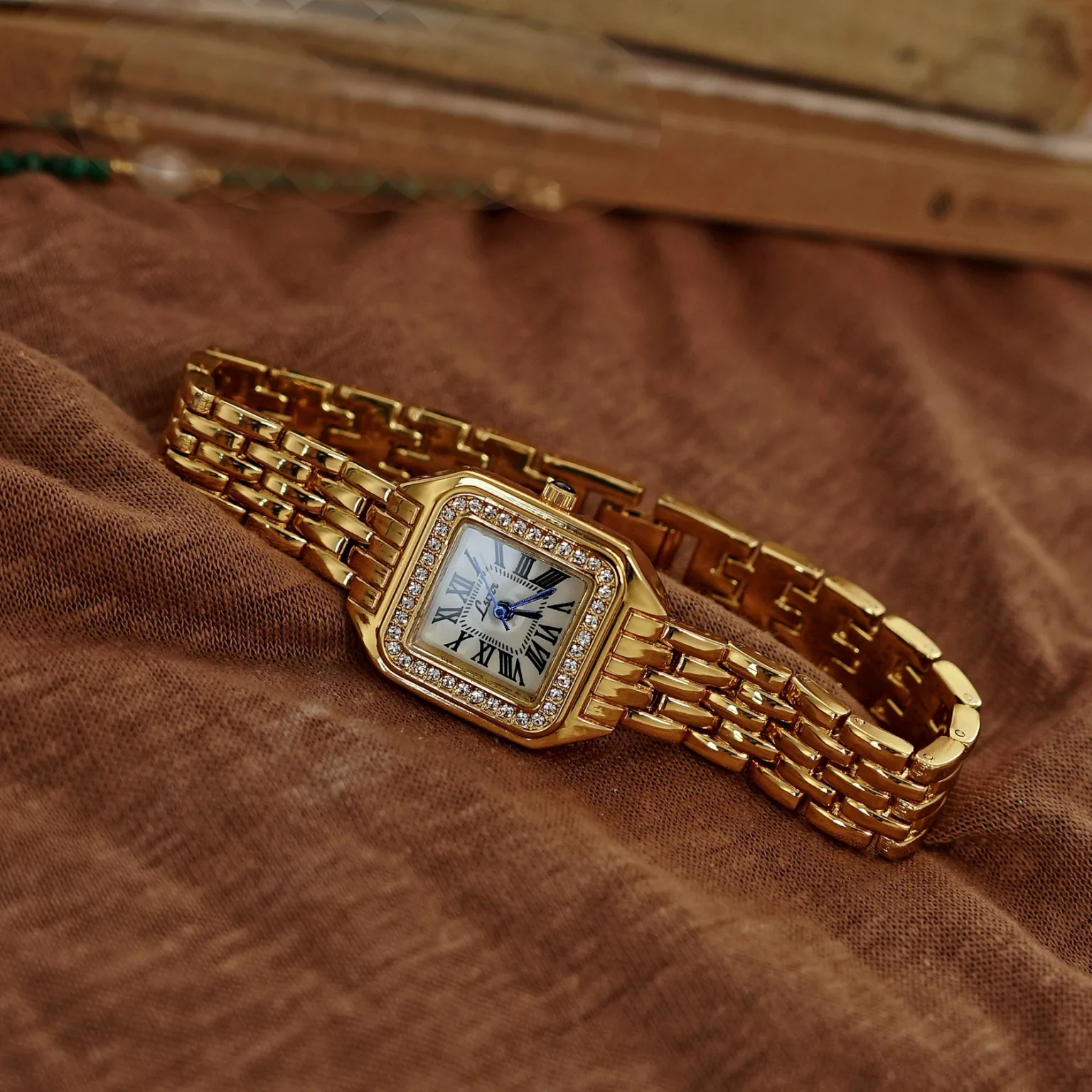 1pc New Arrival Gold-Tone Square Dial Women's Waterproof Watch With Inlaid Rhinestone, Elegant & Simple Style, watch for women 1
