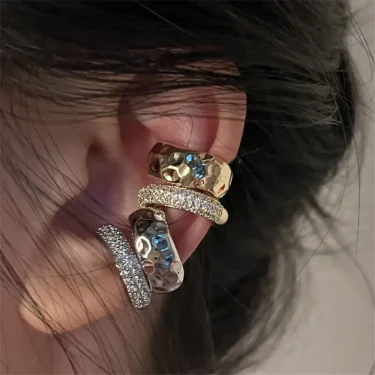KOTiK New Trending Zircon Double-layer Ear Cuff No Piercing Earring Punk Unique Metal Geometric Ear Clip for Women Y2K Jewelry 1