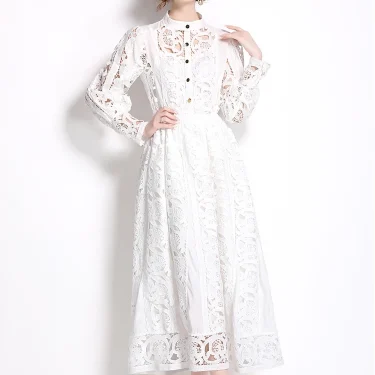 Autumn Crochet Lace Embroidery Hollow Out 3 Pieces Sets Women Loose Shirt Top Lining and Elastic Waist Maxi Robe Skirt Suit 3