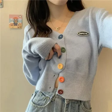 Cardigan for Women Long Sleeve Knitted Sweaters Sweater Cropped Crochet Kawaii V Neck Cardigans Woman Black Tops Cute 2024 Trend 5