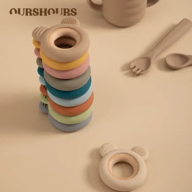 1PC Baby Silicone Wooden Teether Ring Cute Bear Newborn Nursing Teething Toys Infant Health Care Chewing Toy Baby Accessories 1