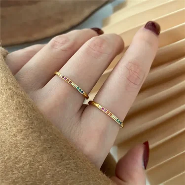 2PCS/Set Stainless Steel Rainbow Color Cubic Zircon Stone Finger Rings for Women INS Gold Color Waterproof Stars Ring Jewelry 6