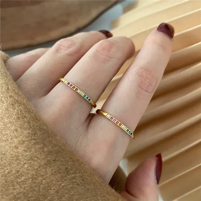 2PCS/Set Stainless Steel Rainbow Color Cubic Zircon Stone Finger Rings for Women INS Gold Color Waterproof Stars Ring Jewelry 6