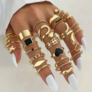 Boho Gold Color Rings Set For Women Fashion Cubic Zircon Heart Star Moon Flower Finger Rings Female Simple Trendy Jewelry Gifts 2