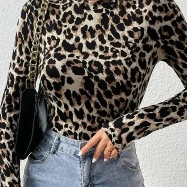 Sexy Tight Women's Bodysuits Women's Small Stand Collar Long Sleeve Fashion Leopard Print Tight Girly Style Bodysuit Top 5