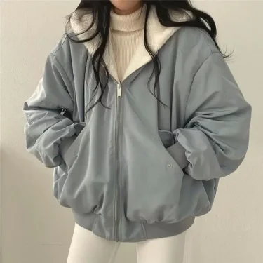 Korean Version Thickened Reversible Wear Lamb Wool Padded Jacket,Autumn and Winter Solid Color Zip-up Hooded Padded Jacket Women 2