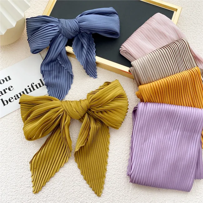 Women Square Scarf Skinny Ribbon Head Neck Small Pleated Hair Tie Band Kerchief Satin Foulard Scarves Headscarf Neckerchief 2
