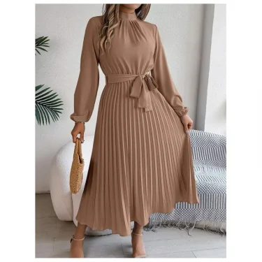 Autumn and winter elegant stand up collar long sleeved waist cinched pleated long skirt small dress women's solid color dress 4