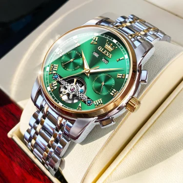 OLEVS Men's Watches Automatic Mechanical Business Wristwatch Waterproof Stainless Steel Strap Watch for Man Skeleton Calendar 5
