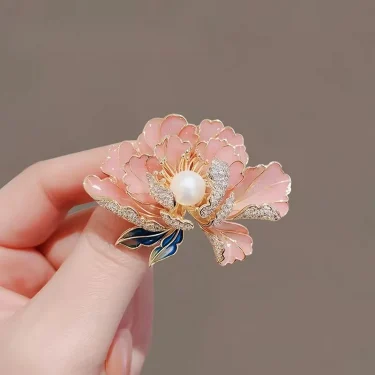 Chinese Style Purple Peony Flower Brooch For Women Dainty Plant Pearl Shiny Rhinestone Pins Party Office Wedding Corsage Jewelry 2