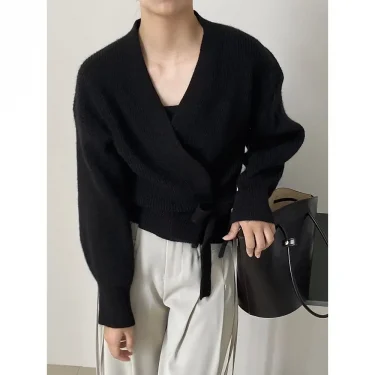 Early Autumn Bow Tie V-Neck Knit Women's Short High Waist Cardigan Sweater Coat Overlay Design Sense Top 6