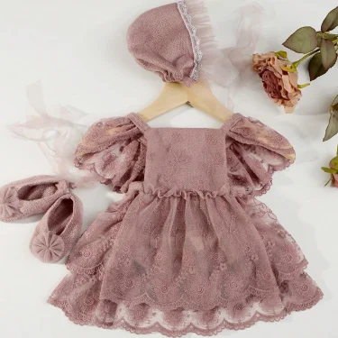 Ylsteed Newborn Girl Photography Outfits(Romper+Hat+Shoes) Baby Lace Romper with Match Hat and Mini Shoes Infant Posing Props 3