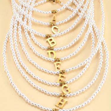 Stainless steel letters initial pendant necklace diy name Simulated pearls Bead Necklaces for Women Pearl Woman's Choker jewelry 6