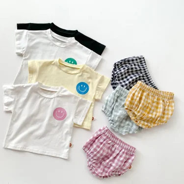 Girls Boys Cotton Smile Face Short Sleeve T-shirt + Plaid Shorts Two-pieces Suit Summer Baby Clothes Set 2