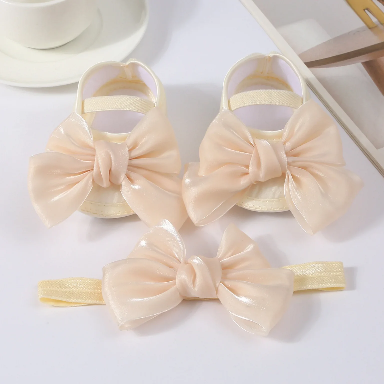 Lovely Baby Girls Shiny Baptism Shoes Headband Newborn Cute Bowknot Mary Jane Flats Set Children First Walker Flat 0-12 Months 3