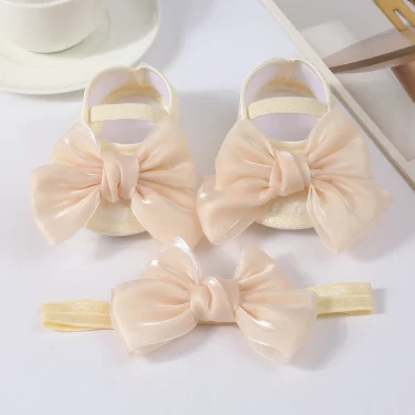 Lovely Baby Girls Shiny Baptism Shoes Headband Newborn Cute Bowknot Mary Jane Flats Set Children First Walker Flat 0-12 Months 3