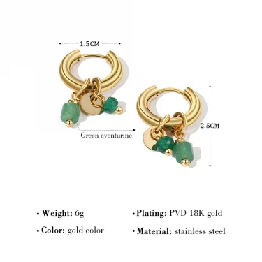 YACHAN 18K Gold Plated Stainless Steel Hoop Earrings for Women Vintage Green Natural Stone Charms Trendy Waterproof Jewelry 6
