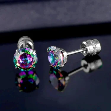 6mm CZ Screw Flat Back Earrings for Women Girls Hypoallergenic for Sensitive Ears New Design Rainbow Cubic Zirconia Stud Earring 2