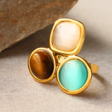 Uself Luxury High-Grade Natural stone Flower Golden Adjustable Ring Fashion 304 Stainless Steel Cast Technology Charm Jewelry 4