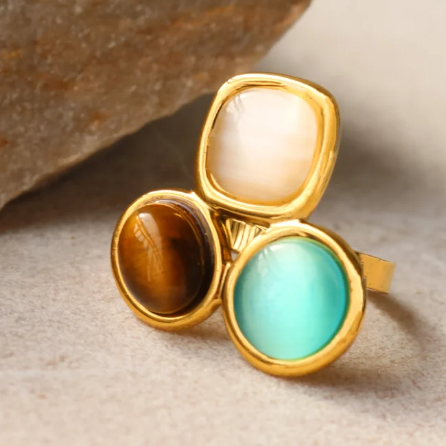 Uself Luxury High-Grade Natural stone Flower Golden Adjustable Ring Fashion 304 Stainless Steel Cast Technology Charm Jewelry 4