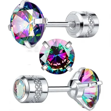 6mm CZ Screw Flat Back Earrings for Women Girls Hypoallergenic for Sensitive Ears New Design Rainbow Cubic Zirconia Stud Earring 1
