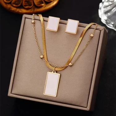 Luxury Stainless Steel Multi-layer Geometric Square Pendant Necklace Earrings for Women Girl Snake Bone Fat Chain Jewelry Set 3