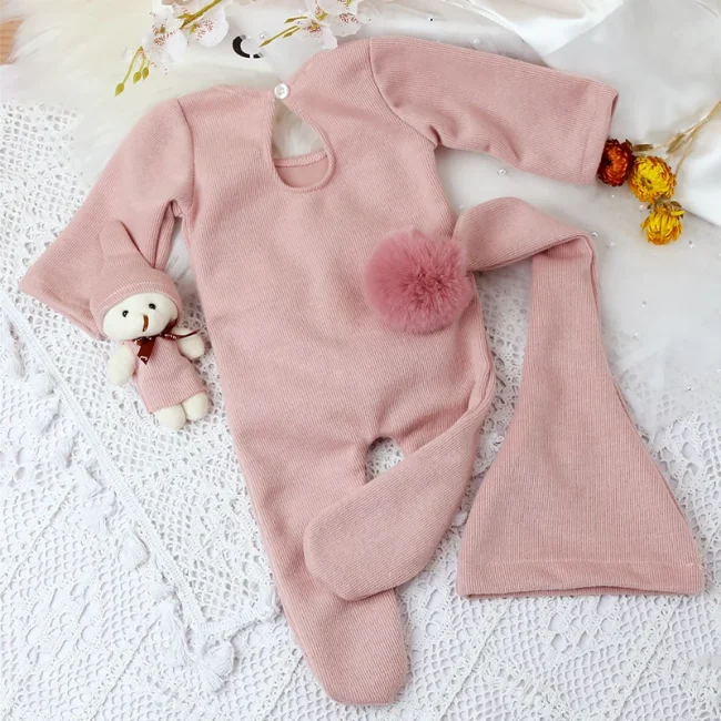 Ylsteed 3 Pieces Set Newborn Jumpsuit Tail Pom Hat Set with Mini Doll Pink Baby Photography Outfit New born Girl Photo Props 3
