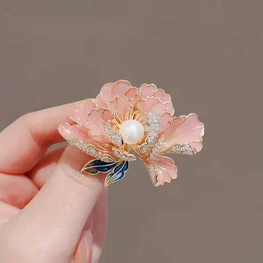 Trendy Elegant Pearl Peony Flower Brooch For Women Exquisite Crystal Rhinestone Brooch Pin Luxury Banquet Wedding Jewelry Gifts 2