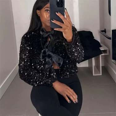 UNIZERA Autumn/Winter New Product Women's Fashionable and Stylish Round Neck Long sleeved Bow Tied Sequin Suit Coat 2