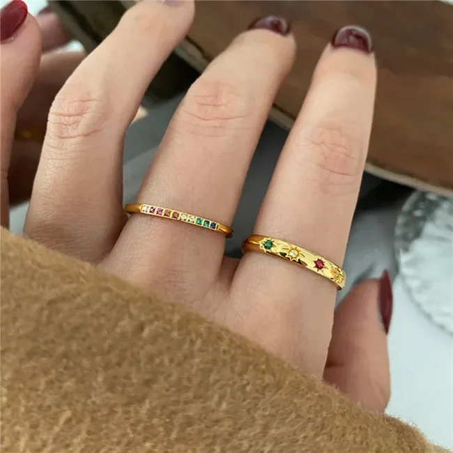 2PCS/Set Stainless Steel Rainbow Color Cubic Zircon Stone Finger Rings for Women INS Gold Color Waterproof Stars Ring Jewelry 3