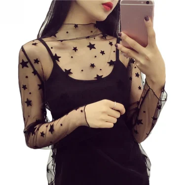 Women Fashion T-Shirts Tulle Mesh Versatile Long Sleeve Ladies Printed Tops Casual Thin Base Blouses Lace Sheer Blouses 5