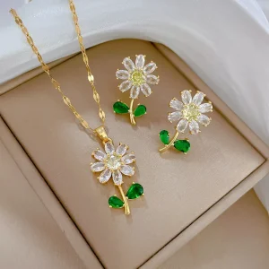 Classic Green Leaf Flower Necklace and Earrings Set Light Luxury Sunflower Personalized Banquet Stainless Steel Jewelry 1