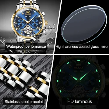 OLEVS Men's Watches Automatic Mechanical Business Wristwatch Waterproof Stainless Steel Strap Watch for Man Skeleton Calendar 6