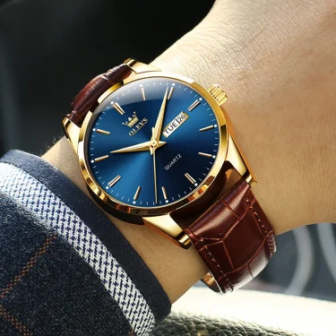 OLVES Top Brand Men's Watches Original Simple Blue Face Quartz Wristwatch for Man Waterproof Leather Strap Business Watch Casual 3