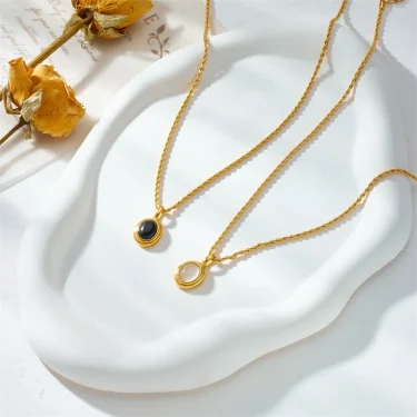 DIEYURO 316L Stainless Steel Oval Black White Stone Pendant Necklace For Women Girl New Trend Clavicle Chain Jewelry Gift Party 4
