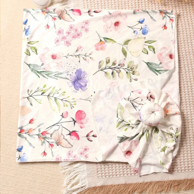 Ylsteed Rose Flower Print Newborn Photography Wrap with Turban Hat Infant Photo Shooting Outfits Baby Receiving Swaddle Blanket 2