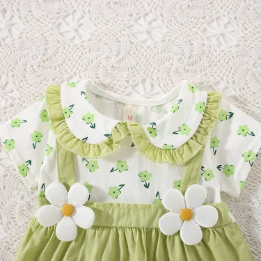 (0-3 Years Old) Summer Baby Girl Cotton Flower Fake Two-Piece Shoulder Strap Dress Girl Cute Short Sleeved Dress 6