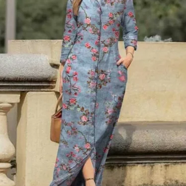 Vintage Flower Print Loose Shirt Dress Autumn Fashion Lapel Collar Button Dress Women Casual Long Sleeve Pocket Maxi Dresses 1