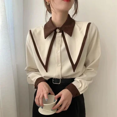 MEXZT Vintage Chiffon Shirts Women Elegant Patchwork Long Sleeve Blouses Office Lady Korean Black Turn Down Collar Casual Tops 1