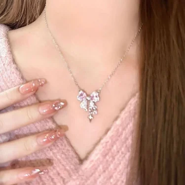 Sweet Pink Bow Necklace Ladies Fashion Sparkling Rhinestone Star Shape Pendant Clavicle Chain Delicate Wedding Accesories 4