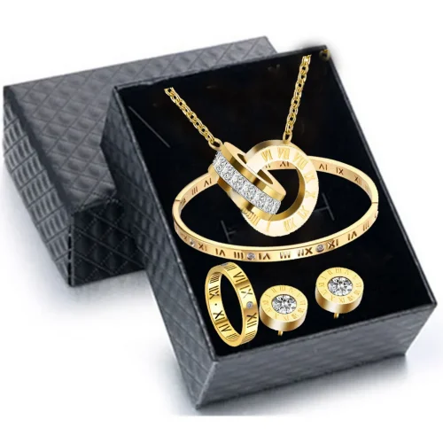 Luxury Roman Numeral Necklace Earring Bracelet Ring Set For Women Never Fade 316L Stainless Steel Wedding Jewelry Set Gift Box 1