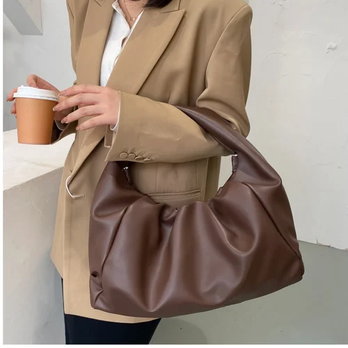 Women Handbags PU Leather Shoulder Bags Top-Handle Bag Mini Hobo Pleated Ruched Trendy Purse Underarm Clutch Large 1