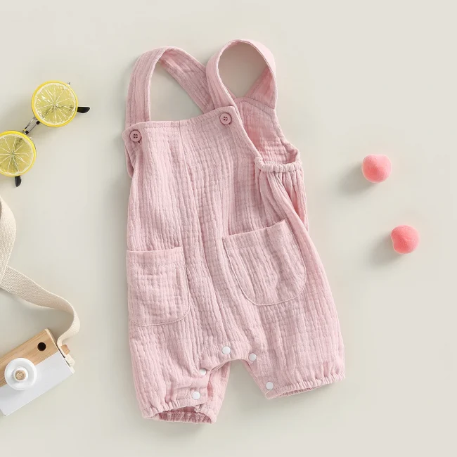 pudcoco Baby Summer Suspenders Jumpsuit Solid Color Sleeveless Romper with Pockets for Newborn Infant Boy Girls 4