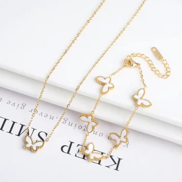 High Quality Metal Stainless Steel Laser Butterfly Jewelry Set Bracelet Necklace Earrings Luxury for Women Party Jewelry Clover 3