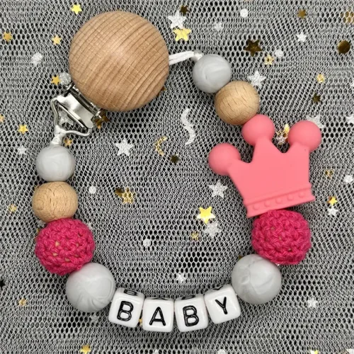 NEW Custom Personalized Name Pacifier Clip Handmade Beech Wooden Chain Silicone Crown Holder Soother Baby Teething Toy Chew Gift 5