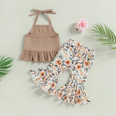 Newborn Baby Girl Summer Clothes Knit Halter Romper Leopard/Sunflower Bell Bottoms Pant Summer Outfit (Apricot, 0-24 Months) 6